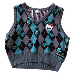 Monster High Argyle Sweater Vest Cropped Skull Bow Knit Size Large